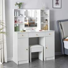 Large Makup Dressing Table Stool Set With 10 LED Lighted Mirror 3 Drawers 2 Cabinets Vanity Desk - White - View 1
