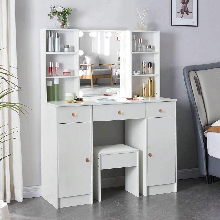 Large Makup Dressing Table Stool Set With 10 LED Lighted Mirror 3 Drawers 2 Cabinets Vanity Desk - White - View 1