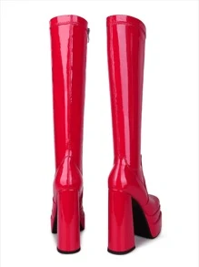 WETKISS Stacked Platform High Heel Knee High Boots For Women Chunky High Heeled PU Leather Boots Square Toe Side Zip Stretch Go-Go Boot - Đỏ - Xem 5