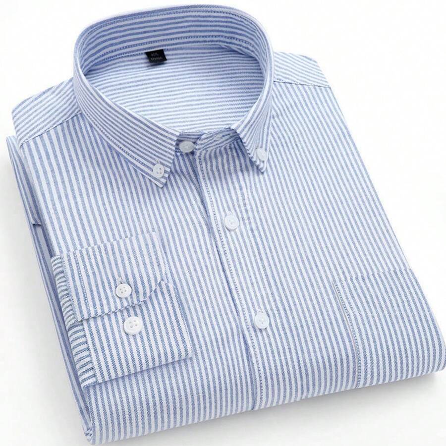 Camisa de manga larga de algodón puro para hombre, camisa a cuadros informal fina - Celeste - Ver 1