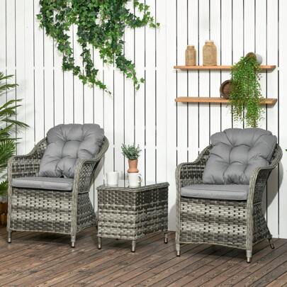Outsunny 3 PCS Rattan Seating Set | 2 Armchairs & Table | Outdoor Patio Furniture, Bistro Set W/ Cushions Glass Tabletop