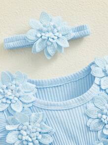 新生女婴连体衣连衣裙短袖网纱蓬蓬裙蕾丝网纱连衣裙连体衣配发带套装 - 藍色 - 查看 4