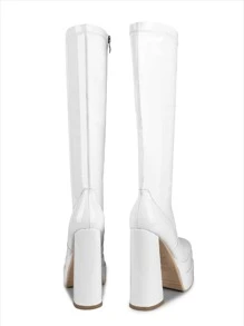 WETKISS Stacked Platform High Heel Knee High Boots For Women Chunky High Heeled PU Leather Boots Square Toe Side Zip Stretch Go-Go Boot - trắng - Xem 5