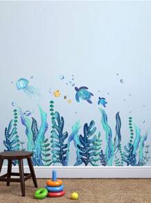 2pcs Ocean Themed Self-Adhesive Wall Stickers Set Including Seaweed, Turtle, Jellyfish And Fish For Room Home Decor, Stickers, Wall Decal, Vinyl Decal For Home Decorations, Spring Decoration Items Refresh Your Home, Rama Decoration Stickers - Blue - View 3