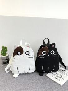 1pc Girls' Cartoon Black & White Cat Pattern Nylon Backpack With Zipper Closure, Ideal For Everyday Use - Black - View 2