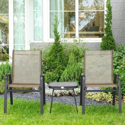 Outsunny 3 Pieces Outdoot Bistro Set, Patio Stackable Armchairs With Breathable Mesh Fabric And PSC Board Coffee Table