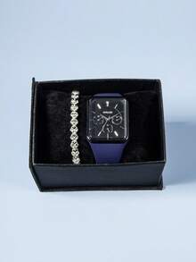 HALEI 1 件硅胶表带石英表 + 1 件优雅女士手链 - 藏蓝色 - 查看 5