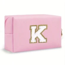 Bolsa de maquillaje con parche de letra inicial, bolsa de cosméticos de chenilla con cremallera y estilo universitario, bolsa de aseo de viaje impermeable con monograma para mujeres y niñas (letras de A a Z) - Esenciales para la vuelta al cole, viajes, vacaciones, suministros escolares, neceser para maquillaje, bolsa organizadora - Rosa - Ver 24