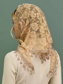 Khaki Lace Triangle Scarf Shawl Hijab For Outdoor All Seasons Winter Fall Valentine's Day Valentines - Khaki - View 2