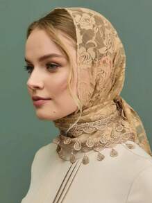 Khaki Lace Triangle Scarf Shawl Hijab For Outdoor All Seasons Winter Fall Valentine's Day Valentines - Khaki - View 3