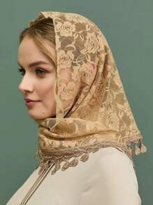 Khaki Lace Triangle Scarf Shawl Hijab For Outdoor All Seasons Winter Fall Valentine's Day Valentines - Khaki - View 4