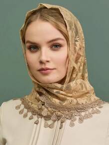 Khaki Lace Triangle Scarf Shawl Hijab For Outdoor All Seasons Winter Fall Valentine's Day Valentines - Khaki - View 1