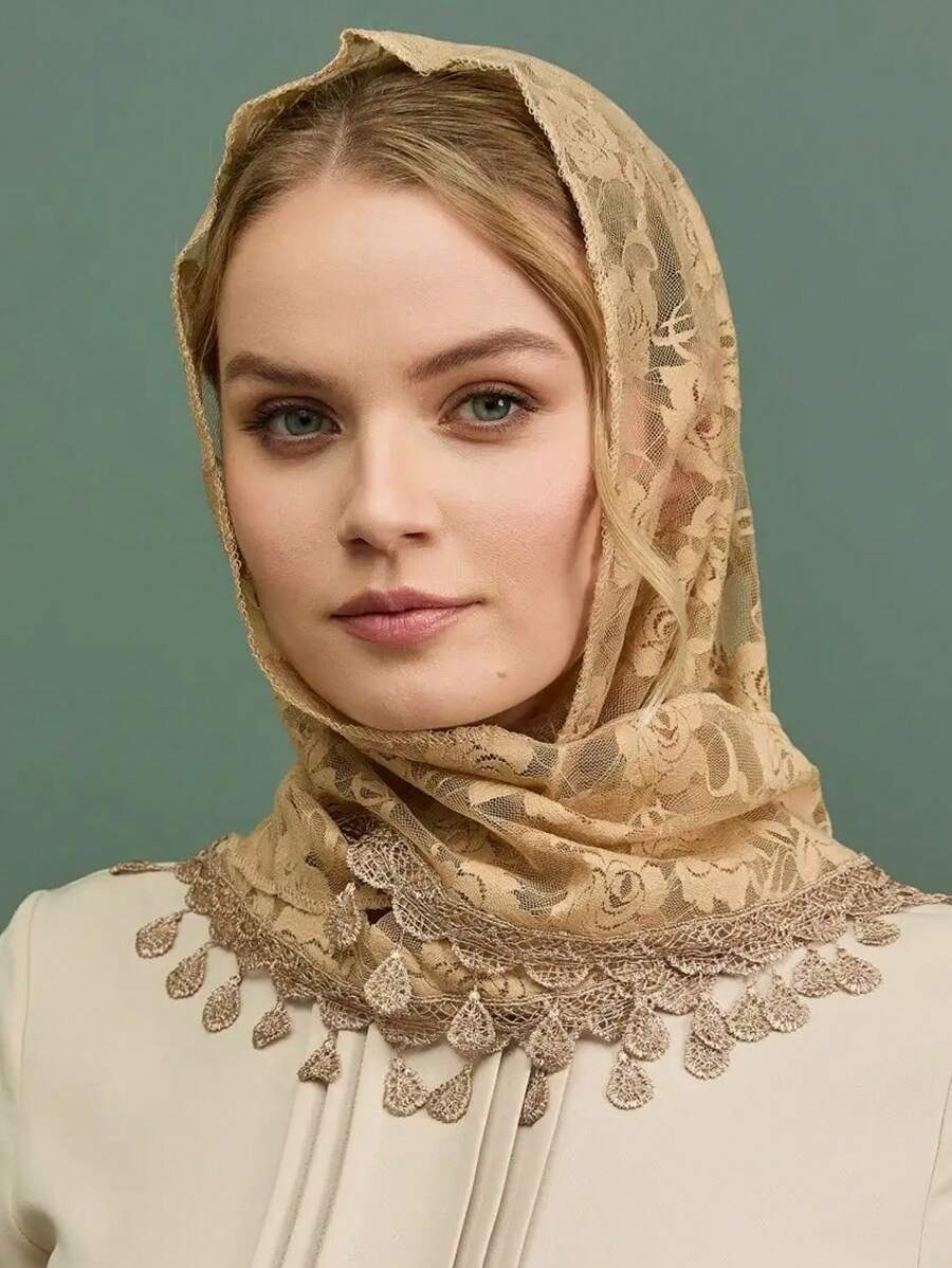 Khaki Lace Triangle Scarf Shawl Hijab For Outdoor All Seasons Winter Fall Valentine's Day Valentines - Khaki - View 1