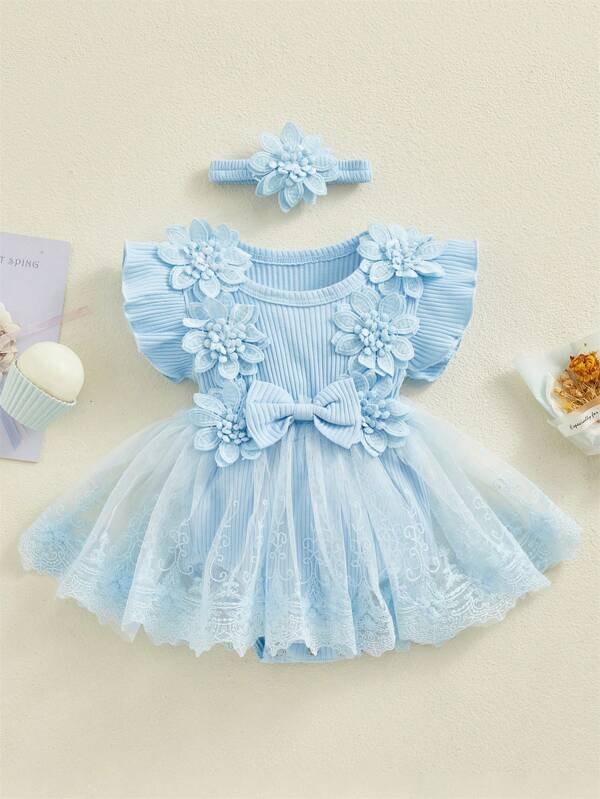 Newborn Baby Girl Romper Dress Short Sleeve Mesh Tutu Dress Lace Mesh Dress Jumpsuits With Headband Sets