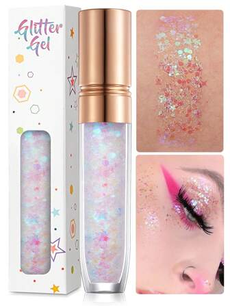 1 件闪光果冻凝胶，女士美人鱼妆，无胶 3D 全息闪亮亮片，适用于头发、面部、眼影、身体、舞台妆，彩虹蓝、黑色、灰色、多色、蝴蝶、心形、嘴唇、月亮、星星、高光泽、亲肤、不油腻、易于清洁，适合狂欢节、音乐节、派对、节日、庆典、约会、结婚周年纪念礼物