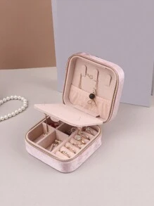 天鹅绒拉链珠宝盒，便携式旅行珠宝盒，重返校园 - 粉色 - 查看 4