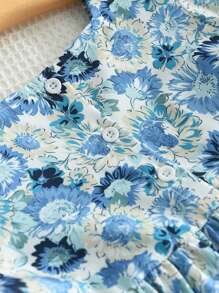 年輕女孩雛菊印花方領泡泡袖連身裙，夏季 - 藍色 - 查看 4