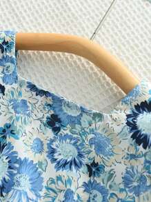 年輕女孩雛菊印花方領泡泡袖連身裙，夏季 - 藍色 - 查看 3