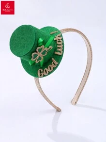1 Pieza Sombrero Verde De Tela No Tejida Con Decoración De Trébol, Moño Y Palabra En Inglés Good Luck, Lindo Para Diadema De Niñas Adecuada Para Fiestas Y Reuniones - Verde - Ver 1