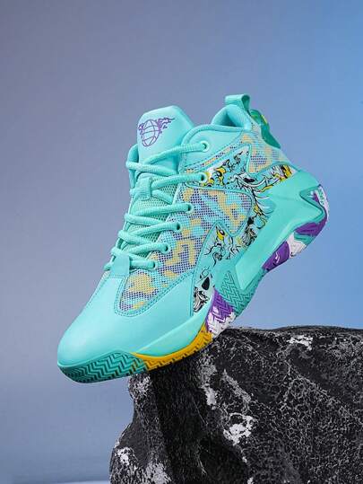 Men's Mid-Cut Sports Shoes With Rubber Sole For All Seasons, Big Size Teenagers' Basketball Shoes, Street Style, Breathable And (Random Sole Pattern)