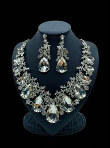 1 Conjunto De Colar E Brincos Geométricos Com Pedras De Strass Em Estilo Festa Court, Presente Fashion Para Namoradas E Ocasiões Especiais