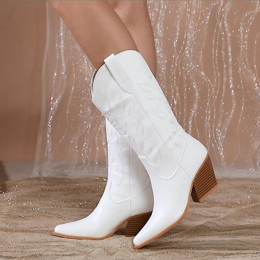 Fashion Cowgirl Boots Women Cowboy Boot Chunky Block Heeled Tall Pointed Toe Shoes Pull On Mid-Calf Western Boots For Party Cosplay - White - View 1