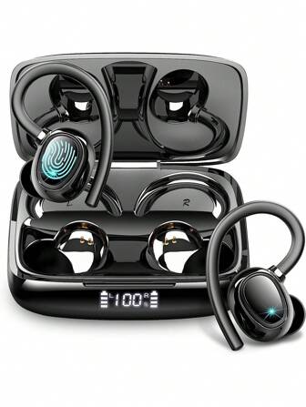 I21 trådlösa hörlurar, ENC bullerskyddade öronproppar in-ear 48 timmar Bluetooth 5.3 trådlösa Bluetooth-hörlurar med mikrofon, stereo djup bas, öronkrokar öronproppar med dubbel LED-skärm IPX7 vattentäta headset för träning/löpning/gym, svarta