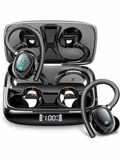Tagry I21 Wireless Headphones, ENC Noise-Proof Earpods In Ear 48Hrs Bluetooth 5.3 Wireless Bluetooth Earphones With Mic, Stereo Deep Bass, Earhooks Ear Buds With Dual LED Display IPX7 Waterproof Headset For Workout/Running/Gym, Black