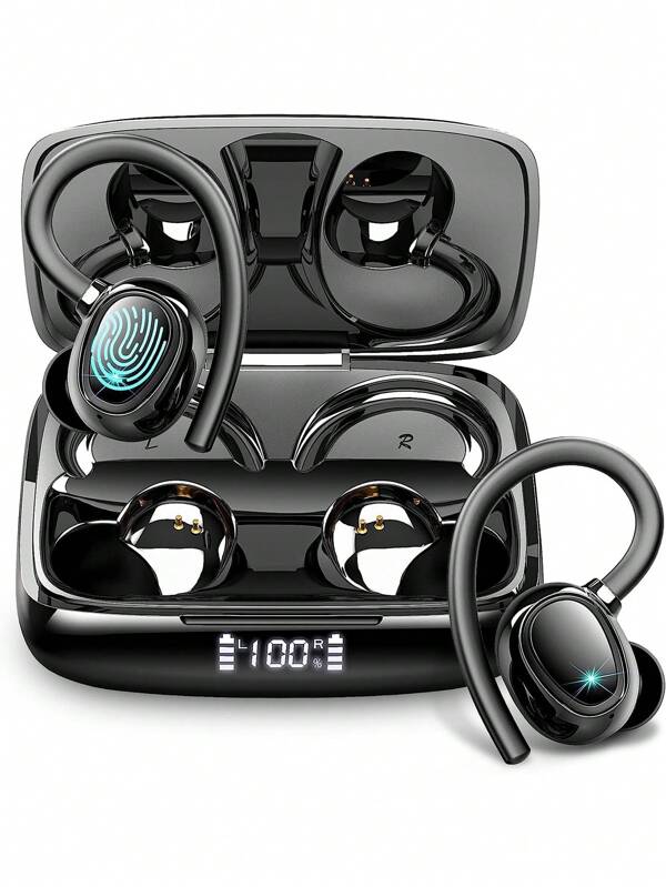 Tagry I21 Wireless Headphones, ENC Noise Cancelling Earpods In Ear 48Hrs Bluetooth 5.3 Wireless Bluetooth Earphones With Mic, Stereo Deep Bass, Earhooks Ear Buds With Dual LED Display IPX7 Waterproof Headset For Workout/Running/Gym, Black