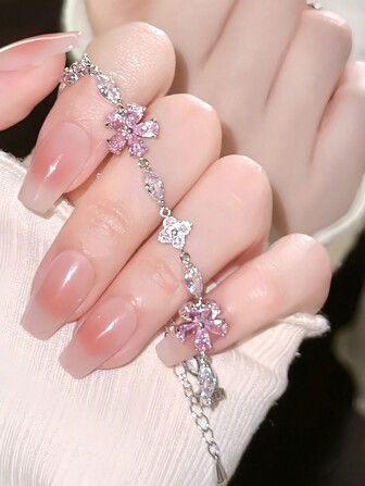 1pc Pink Cubic Zirconia Cherry Blossom Bowknot Bracelet For Women, Ins Style Fashionable Minimalistic Design, Suitable For Daily Wear And As Gifts Among Girlfriends Valentines,Mom,Mother,Mother's Day,Gift