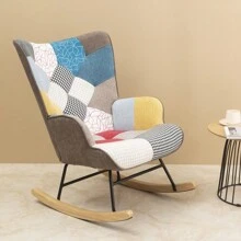 Rocking Chair, Mid Century Fabric Rocker Chair With Wood Legs And Patchwork Linen For Livingroom Bedroom - 彩色 - 查看 6