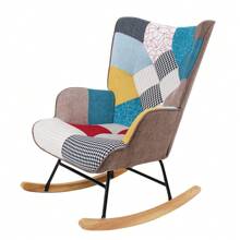 Rocking Chair, Mid Century Fabric Rocker Chair With Wood Legs And Patchwork Linen For Livingroom Bedroom - 彩色 - 查看 7