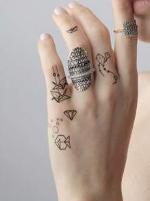 STARTTOOS 4入黑色摺紙羽毛飛鳥花卉小圖案指, 手腕, 耳朵,身體臨時紋身貼紙 - 黑色 - 查看 6