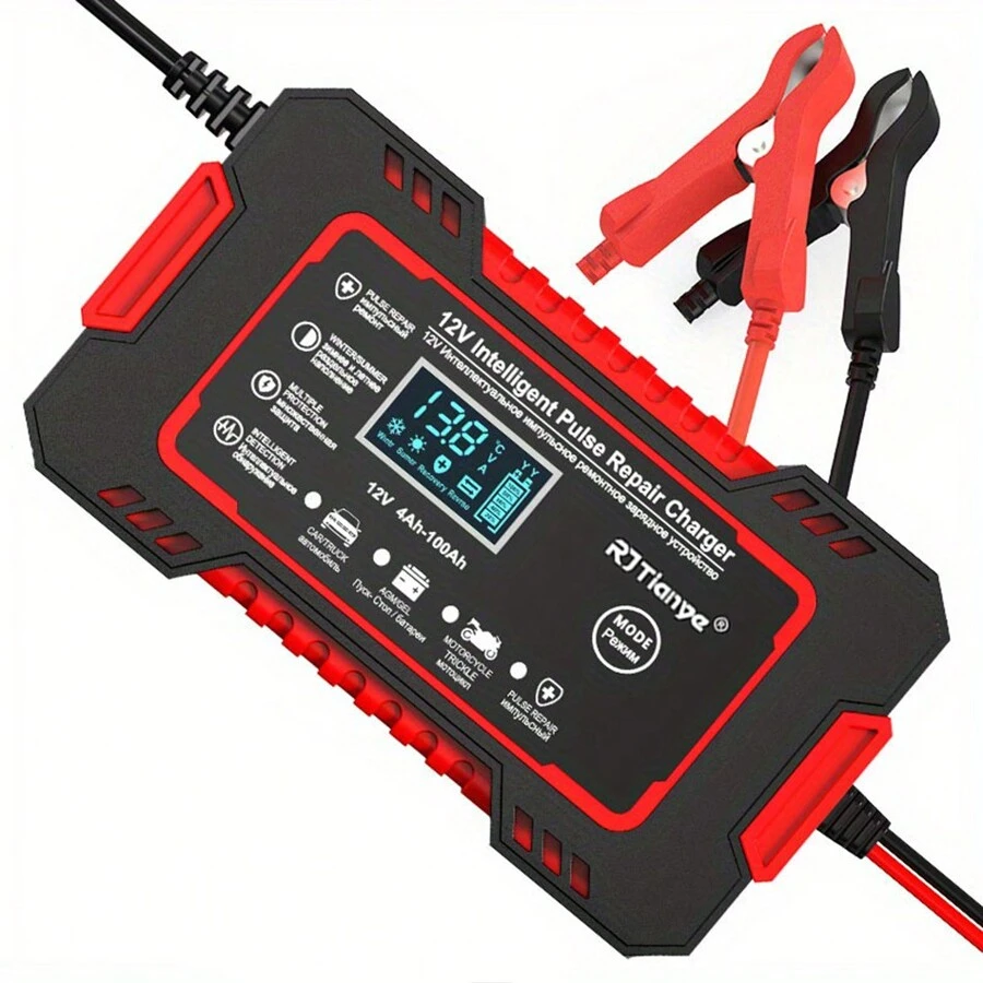 Car Battery Charger 12V Display Smart Battery Charger Power Puls Repair Chargers Wet Dry Lead Acid Battery - Red - View 1