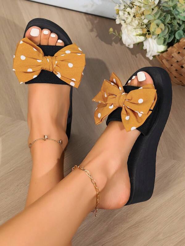 Chaussures pour femmes, talons épais à pois avec nœud papillon, pantoufles à talons compensés pour la maison en intérieur et extérieur