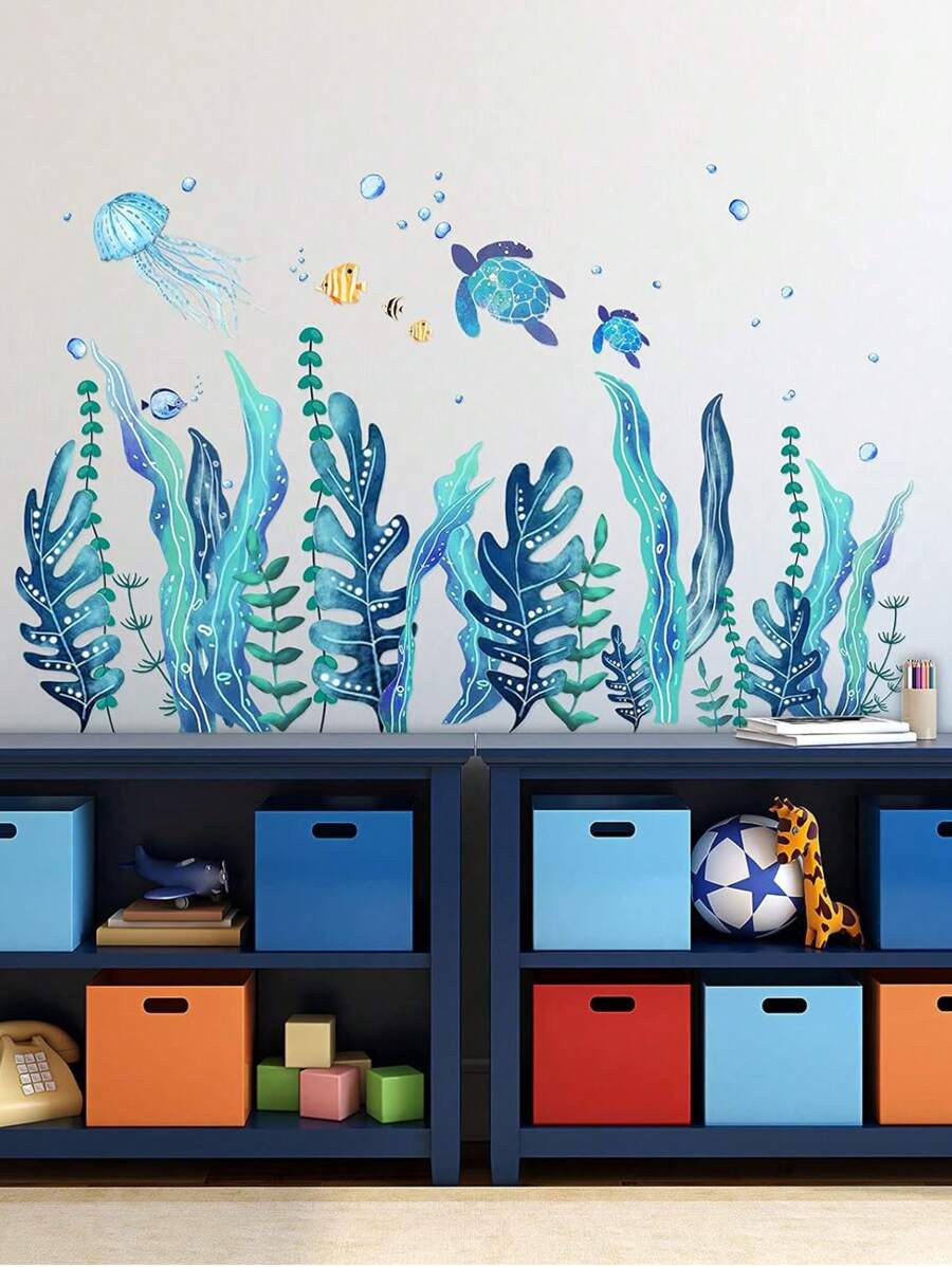 2pcs Ocean Themed Self-Adhesive Wall Stickers Set Including Seaweed, Turtle, Jellyfish And Fish For Room Home Decor, Stickers, Wall Decal, Vinyl Decal For Home Decorations, Spring Decoration Items Refresh Your Home, Rama Decoration Stickers - Blue - View 1