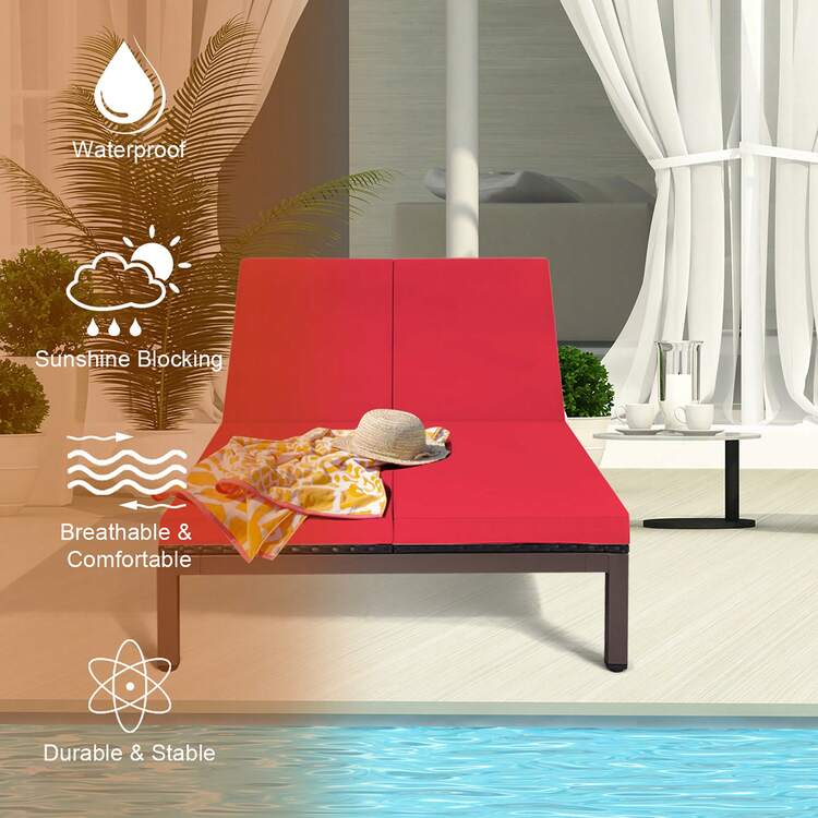 2-Person Patio Rattan Lounge Chair Chaise Recliner Adjustable Cushioned Red - Red - View 6