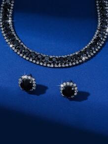 1pc Women's Blue Rhinestone Full Diamond Necklace, 1pc Blue Rhinestone Full Diamond Earrings, 1set Party Dress Accessory Necklace & Earrings - Black - View 4
