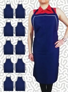 10 Bagless Long Apron Aprons Polyester Butcher Type Grease And Stain Resistant - Ideal For Sublimated Printing Screen Printing - 海軍藍帶白色斜紋 - 查看 1