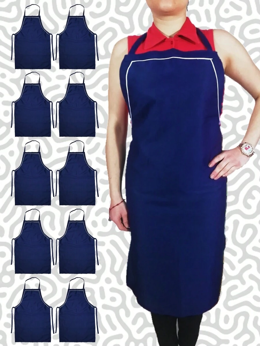 10 Bagless Long Apron Aprons Polyester Butcher Type Grease And Stain Resistant - Ideal For Sublimated Printing Screen Printing - 海軍藍帶白色斜紋 - 查看 1