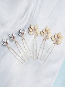 6入組女士基本款葉形鑲鑽婚禮髮夾設計品味皇家波西米亞風格 - 金色 - 查看 3