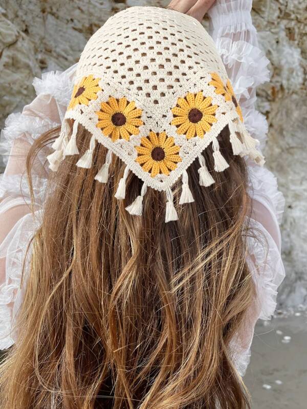 1 Stück gestrickter Blumen-Quasten Stirnband, Bandana Boho Haarschal