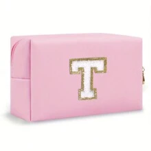 Bolsa de maquillaje con parche de letra inicial, bolsa de cosméticos de chenilla con cremallera y estilo universitario, bolsa de aseo de viaje impermeable con monograma para mujeres y niñas (letras de A a Z) - Esenciales para la vuelta al cole, viajes, vacaciones, suministros escolares, neceser para maquillaje, bolsa organizadora - Rosa - Ver 14
