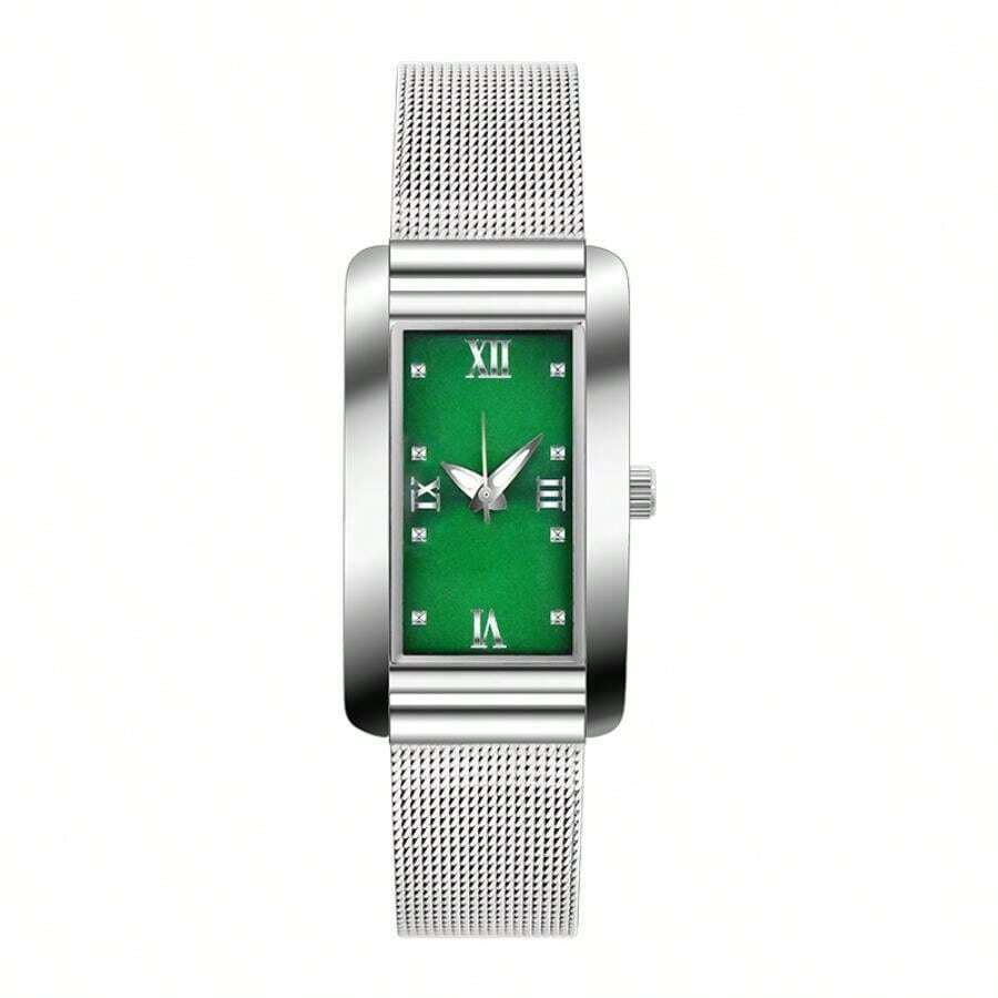 1只女士優雅綠色表盤鋼帶手錶,羅馬數字和發光指針,合金錶盤和合金錶帶,日本石英機芯,1atm防水,適合日常佩戴和送禮 - 銀色 - 查看 1