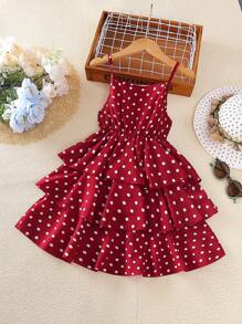 Left Mama Tween Girl Polka Dot Printed Spaghetti Strap Layered Dress For Summer