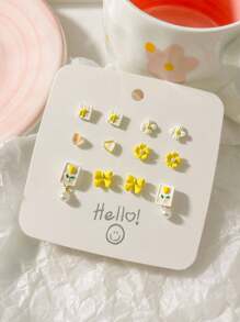 6 对/女士时尚玫瑰花蝴蝶结和心形耳钉 - 黃色 - 查看 13