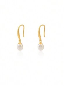 925純銀抗過敏掛鉤耳環,帶天然珍珠吊墜,時尚優雅風格,適合女性 - 白色 - 查看 1