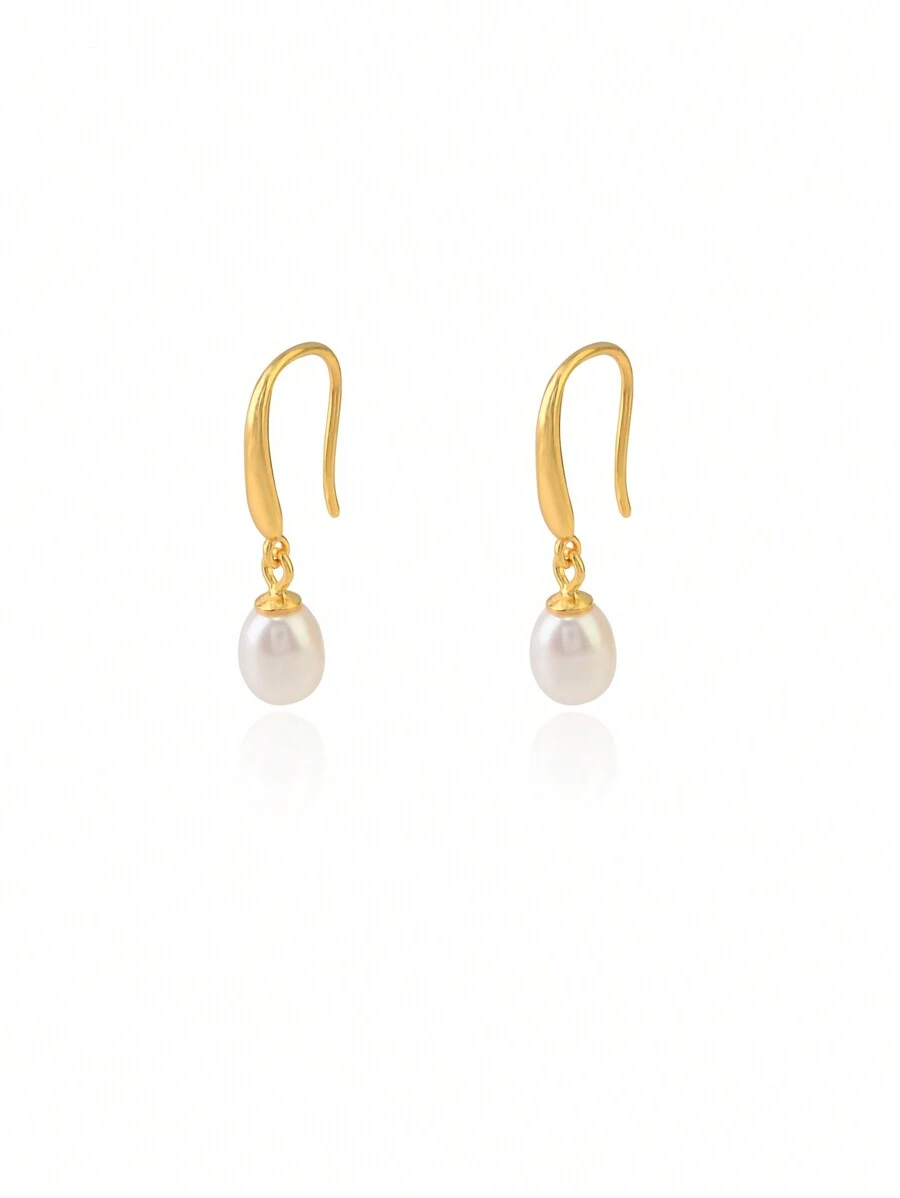 925純銀抗過敏掛鉤耳環,帶天然珍珠吊墜,時尚優雅風格,適合女性 - 白色 - 查看 1