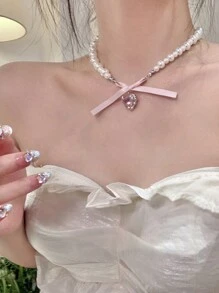 1pc Romantic Pink Heart Shaped Bow Necklace For Women, Sweet And Pure, Clavicle Chain Valentines - Pink - View 1