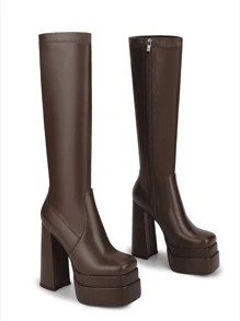 WETKISS Stacked Platform Knee High Boots For Women With High Chunky Heel, Gogo Boots For Women With Square Toe Side Zipper Stretch Boot - Castano - Visualizzare 4